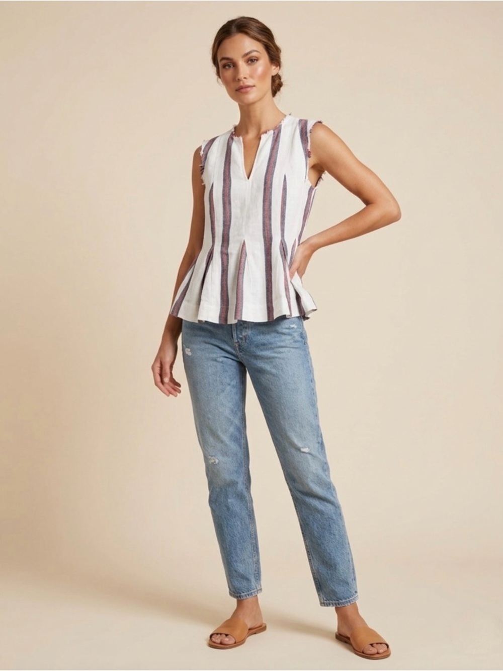 Pure Navy 100% Linen Striped Sleeveless Peplum Summer Top Small White Red Blue - Picture 2 of 8